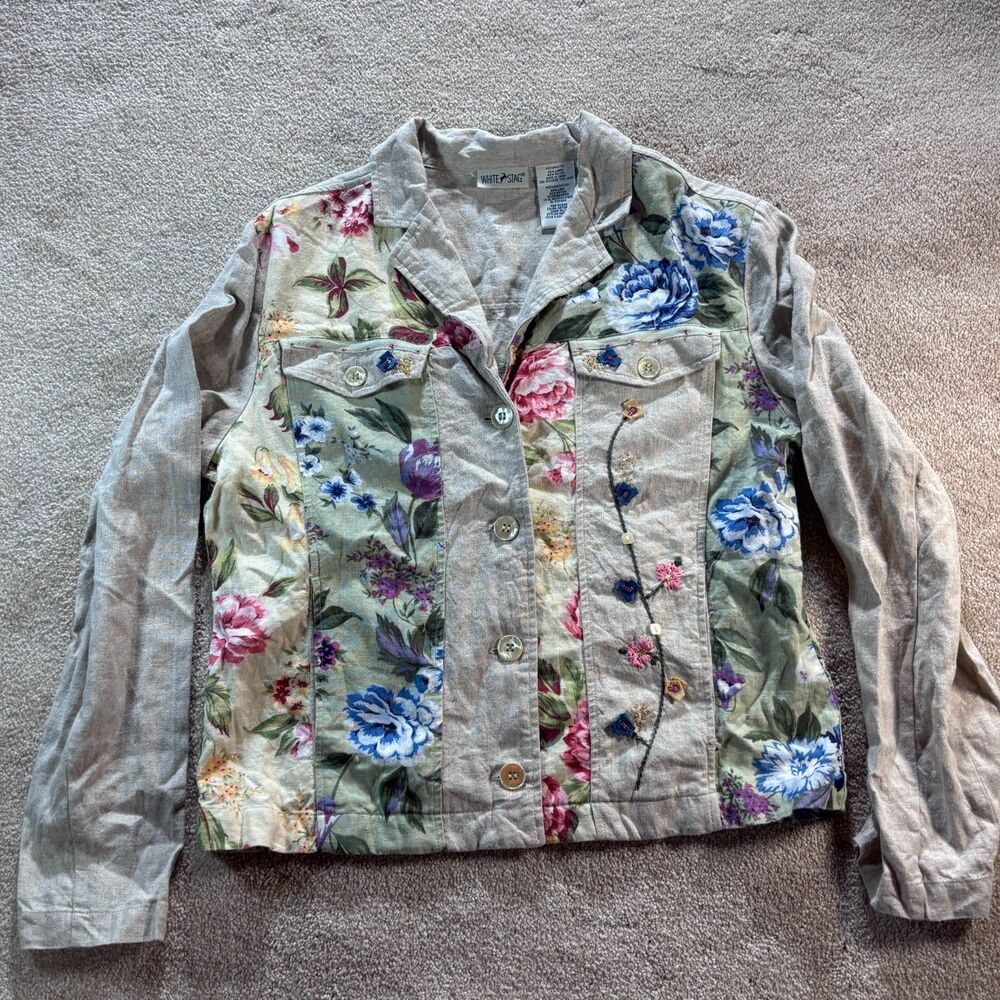 White Stag Linen Blend Jacket Floral Embroidery Beaded M 8/10
